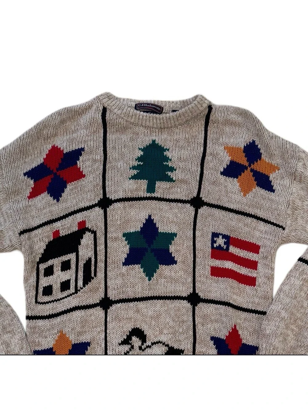 VTG C.F Hathaway Hand Intarsia Sweater Men’s L 100% Cotton Patchwork Graphic